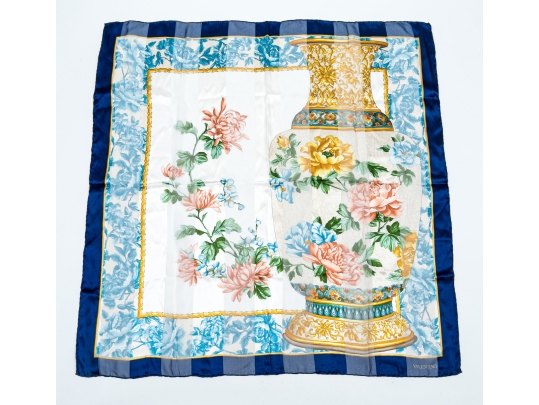 Valentino Striking Vintage Blue And Pastel Toned Shadow Striped Silk Scarf