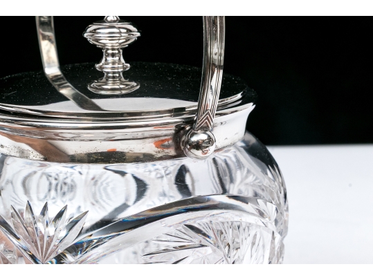 Fine 19th C. Silver Plate Mounted Cut Glass Biscuit Jar With Lid