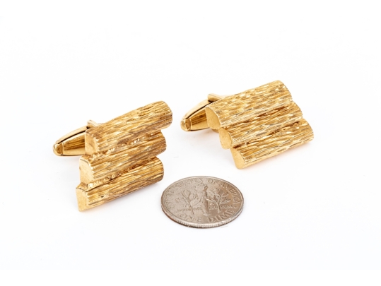 14k Yellow Gold Vintage Brutalist Motif Lozenge Shaped Lever Back Cufflinks