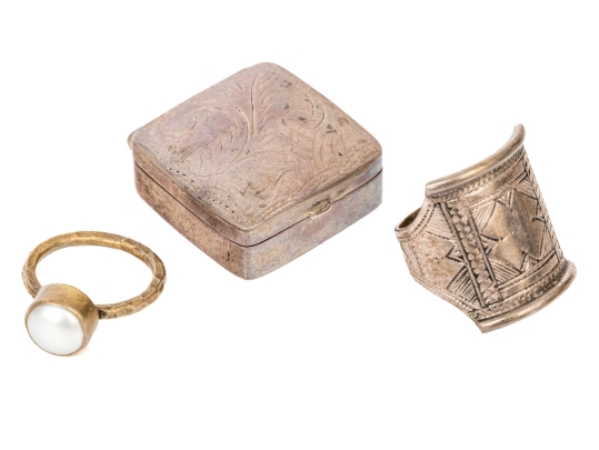 Collection Of Three Sterling Silver Pieces, Including Two Rings And A Pill Box