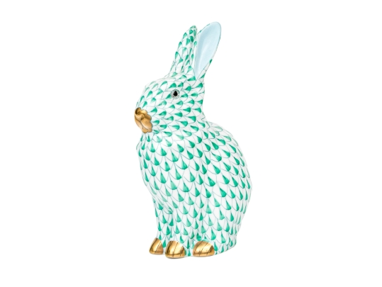 Herend Hungary Hand-Painted Porcelain Rabbit Figure, Green Fishnet Pattern