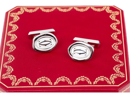 Cartier Sterling Silver Promotional Wax Seal Logo Motif Cufflinks, With Box 