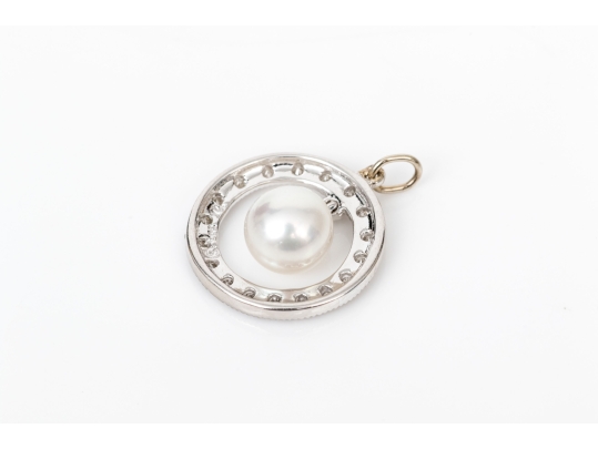 14k White Gold Pretty Diamond Halo And Cultured Pearl Set Pendant, App. 0.09 TCW