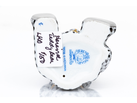 Rare Herend Hungary Porcelain Teddy Bear Ornament Figure, Black Fishnet Pattern