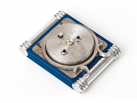 Cartier Vintage Blue Composite Deco Style Travel Clock, Ribbed Ends