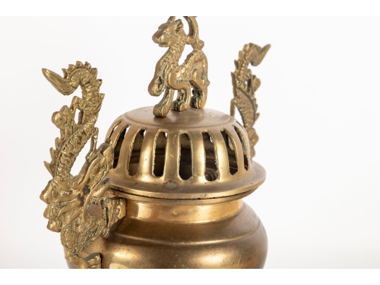 Chinese Brass Censer With Dragon Handles And Mythical Beast Finial