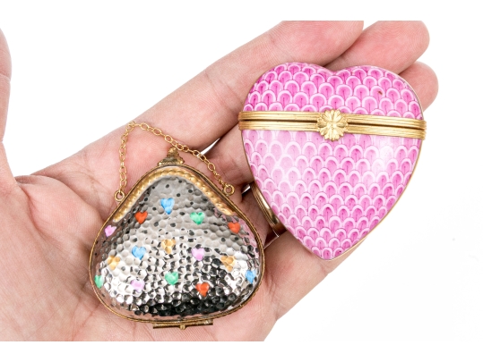 Two Gorgeous French Limoges Enameled Heart Form Pill Boxes