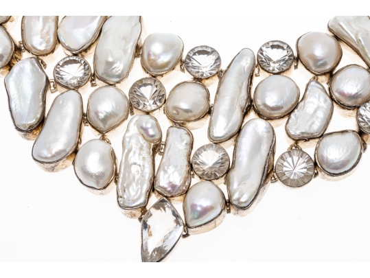 Impressive Sterling Buroque Pearl And Quartz Festooned Necklace
