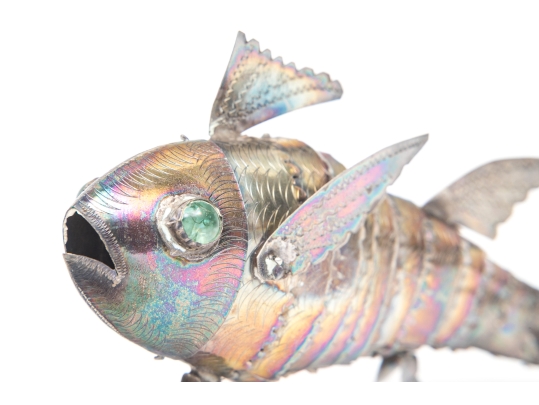 Vintage Sterling Silver Articulating Fish With Green Glass Eyes