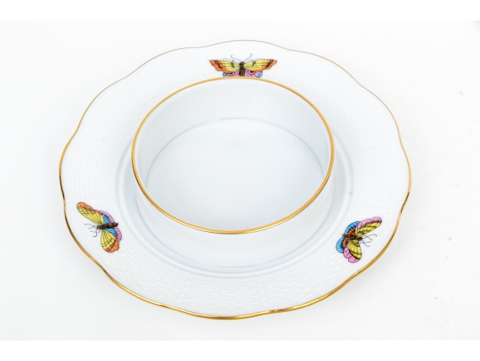 Herend Hungary Hand-Painted Porcelain Covered Butter Dish, Rothschild Bird (RO) Pattern