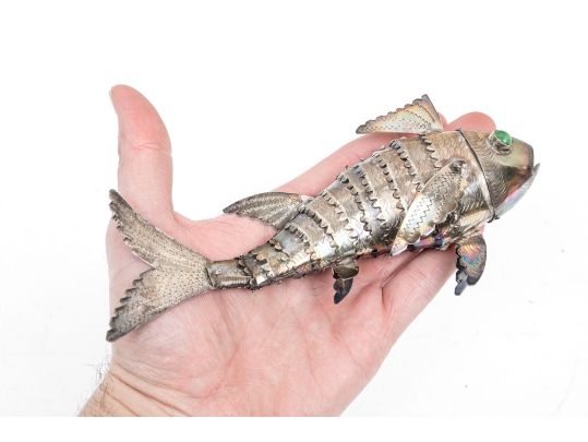 Vintage Sterling Silver Articulating Fish With Green Glass Eyes
