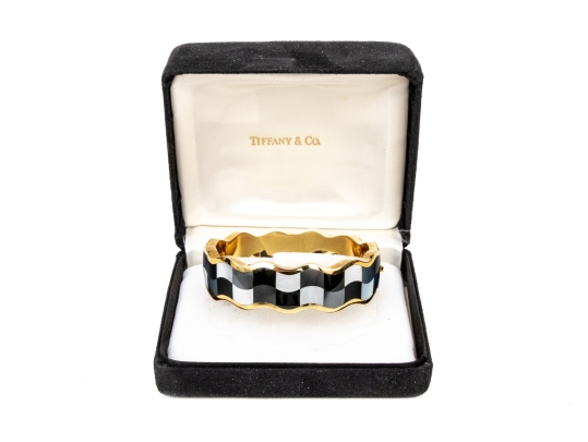 Tiffany & Co. 18k Yellow Gold Angela Cummings Fabulous Inlaid Wave Bangle, With Box