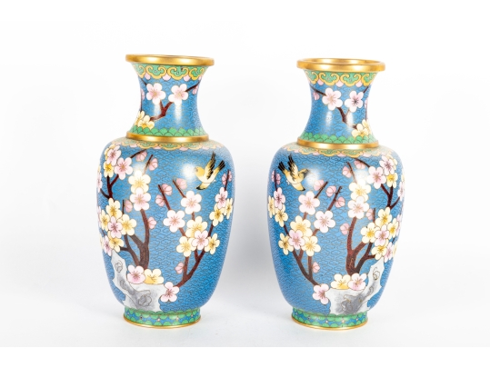 Pair Of Vintage Chinese Cloisonné Enamel Vases With Cherry Blossom Motif