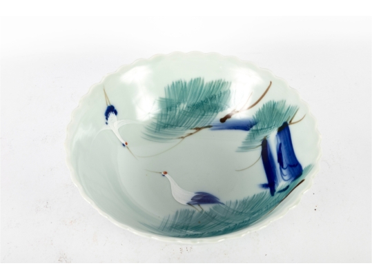 Japanese Porcelain Bowl With Cranes And Pine Design