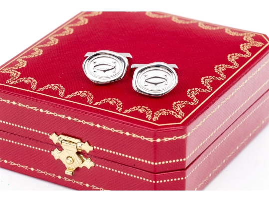 Cartier Sterling Silver Promotional Wax Seal Logo Motif Cufflinks, With Box 