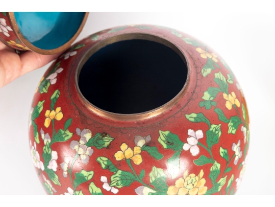 Pair Of Chinese Cloisonné Red Lidded Ginger Jars With Floral Motifs