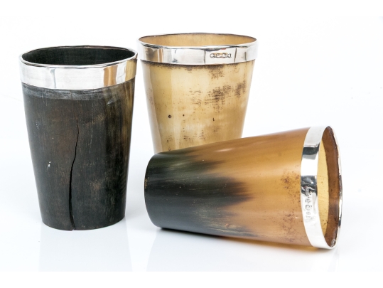 Antique English Collection Of Three Sterling Silver Mounted Carved Horn Cups