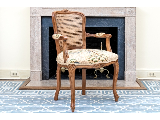 French Louis XV Style Upholstered Fauteuil With Cane Back