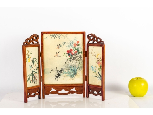 Miniature Chinese Hand-Painted Silk Folding Table Screen