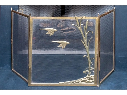 Fabulous Brass Framed Three Panel Fire Spark Screen