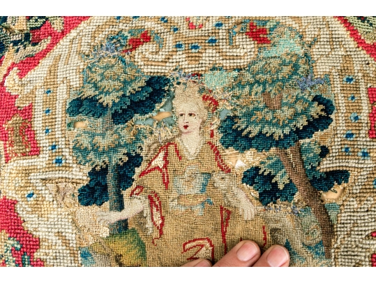 Two Accent Pillows, Including An 18th C. Tapestry Fragment Embroidered Onto A Later Needlepoint Pillow
