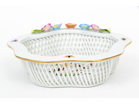 Herend Hungary Hand-Painted Porcelain Open Basket, Rothschild Bird (RO) Pattern