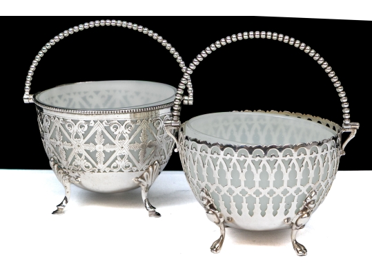 Compatible Pair Of Antique Sterling Silver And Silverplate With White Opaline Glass Baskets