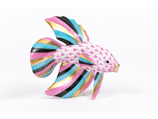 Herend Hungary Hand-Painted Porcelain Fish Figure, Pink Fishnet Pattern With Multicolor Fins