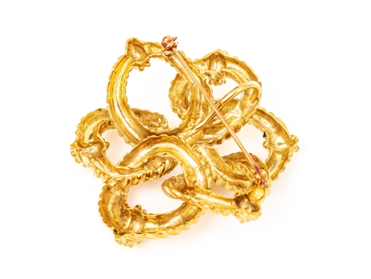 18k Yellow Gold Magnificent Ribbed And Beaded Knot Brooch/necklace Enhancer