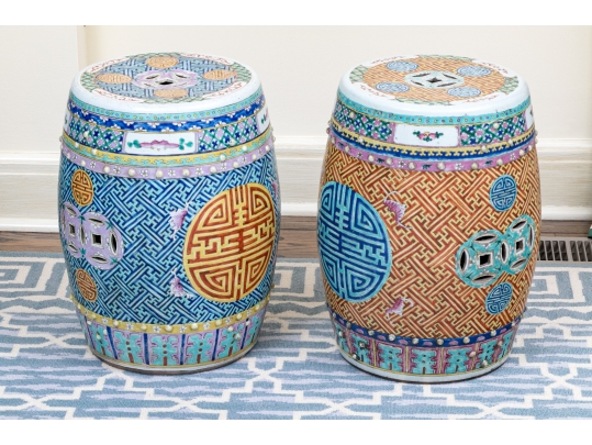 Two Chinese Famille Rose Enameled Porcelain Garden Stools