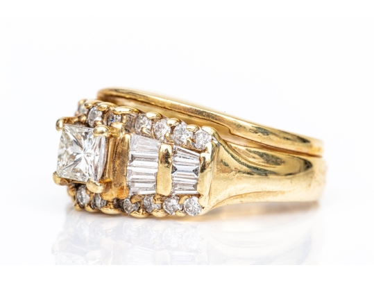 14k Radiant, Cut, Round And Baguette Diamond Ring With Attached Band, App. 1.02 TCW, Size 4.5