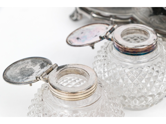 English Silver Plated Inkwell With Two Crystal Inkwells
