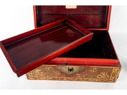 Antique Chinese Red And Gilt Lacquered Wood Storage Box With Brass Hardware