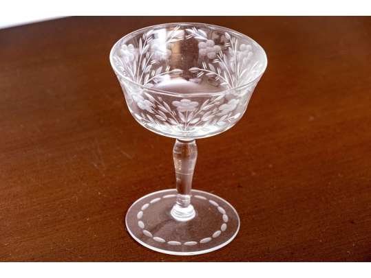 Set Of Six Elegant Etched Glass Champagne Coupes
