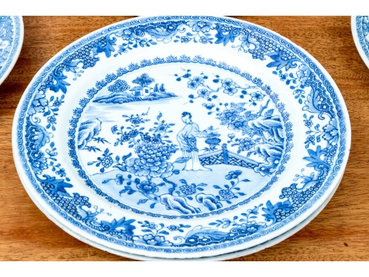 Set Of Seven Antique Chinese Export Blue And White Canton Pattern Porcelain Plates