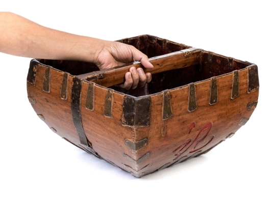 Antique Chinese Iron Bound Wood Framed Rice Measure Bucket