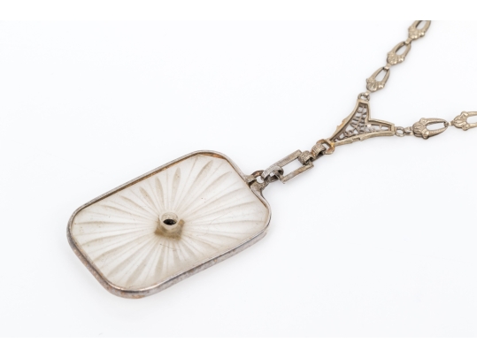 14k White Gold Vintage Rock Crystal Quartz And Diamond Set Necklace With 10k Gold Chain