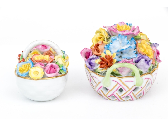 Two Herend Hungary Hand-Painted Porcelain Vibrant Floral Baskets 