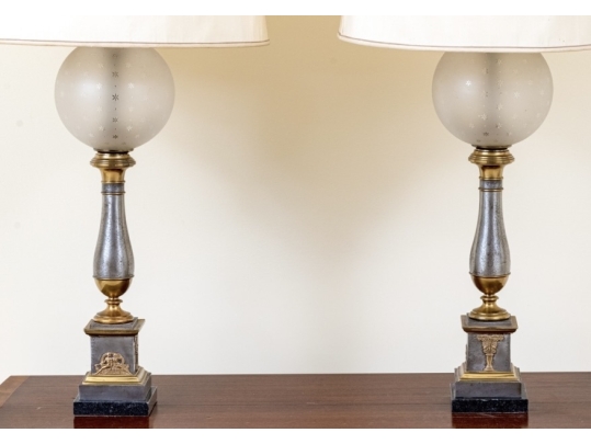 Pair Of Vintage Glass And Metal Globe Twin Light Table Lamps 