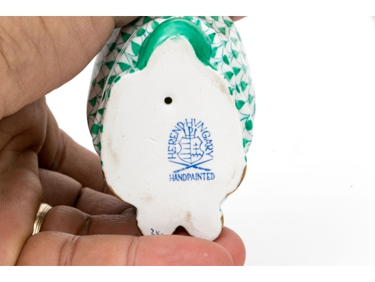 Herend Hungary Hand-Painted Porcelain Rabbit Figure, Green Fishnet Pattern