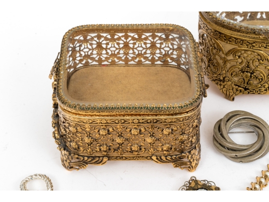Collection Of Fashion And Limoge Brooches, Necklace And Two Jewelry Boxes