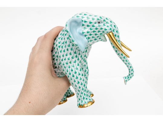 Herend Hungary Porcelain Elephant Figure, Green Fishnet Pattern