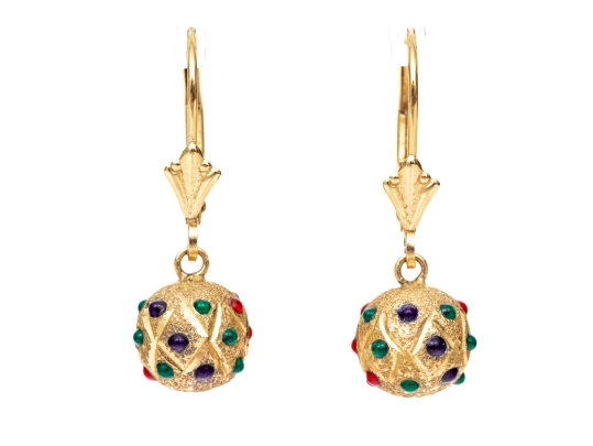 14k Yellow Gold Striking Colorful Decorated Sandblasted Ball Drop Pendant Earrings