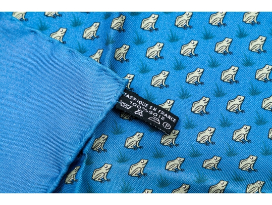 Hermès Fun Blue And Grey Frog Motif Silk Pocket Square/ Neck Scarf