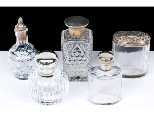 Antique Collection Of Five Sterling Silver Mounted Vanity Items