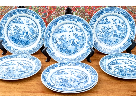 Set Of Seven Antique Chinese Export Blue And White Canton Pattern Porcelain Plates