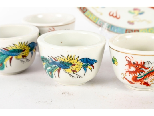 Chinese Porcelain Dragon And Phoenix Plate With Eight Tea Cups