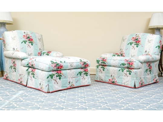 Pair Of Custom Upholstered Club Chairs And Ottoman