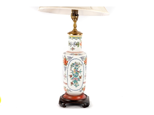 Chinese Famille Rose Porcelain Lamp On Wooden Base