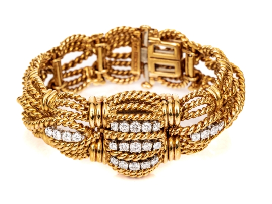 David Webb 18k Yellow Gold Stunning Vintage Diamond Set Rope Motif Bracelet, With Hidden Watch